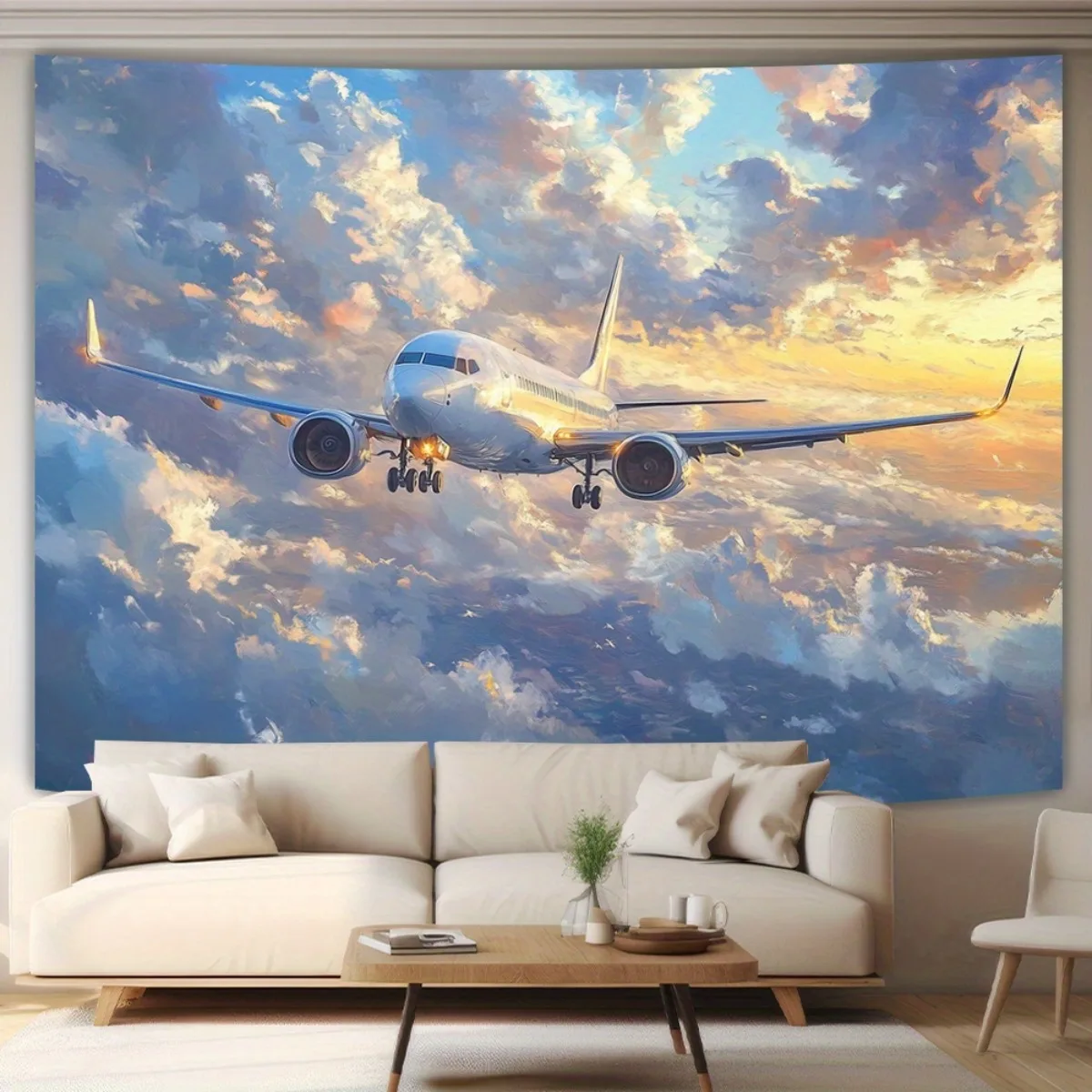 Airplane Sunset Clouds Sky Tapestry Travel Aviation Wall Art Living Room Decor Modern Industrial Style Backdrop 2D