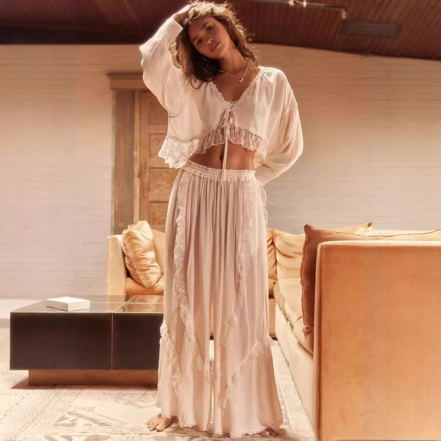 Womens Sexy Pajama Set Lace See Through 2 Piece Lounge Sets Long Sleeve Shirts and Wide Leg Pants Vintage Pj Sets Sleepwear