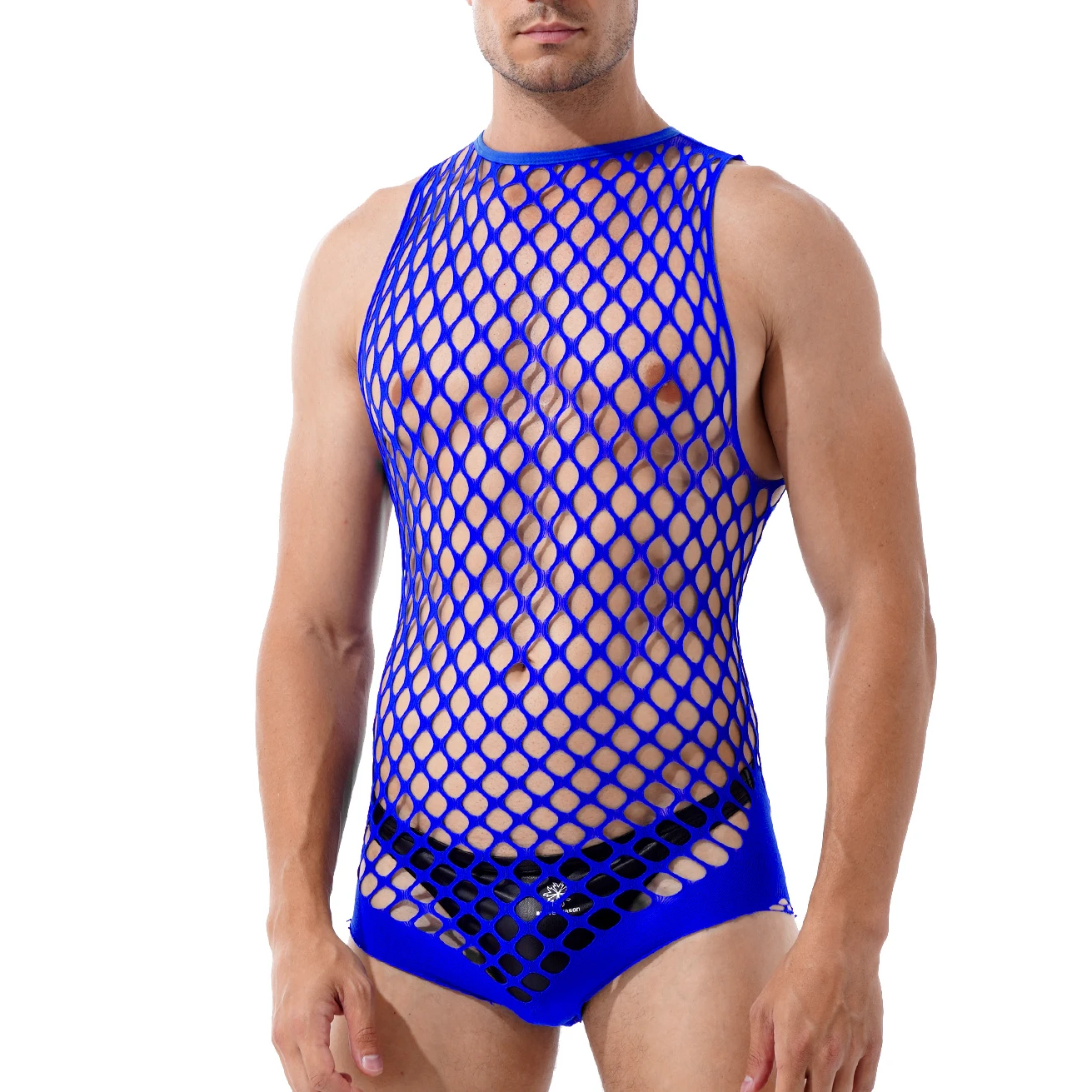 Male Sexy Lingerie Men\'s Fishnet Bodysuit Hollow Out Underwear Mesh Sleeveless Bandage Jumpsuit Guy Erotic Party Night Club Wear