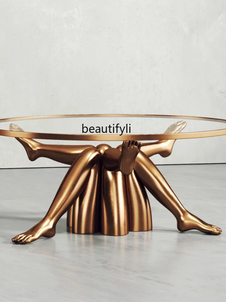 yj Light Luxury Italian FRP Creative Leg Tea Table Art Electroplating Brass round Glass Table