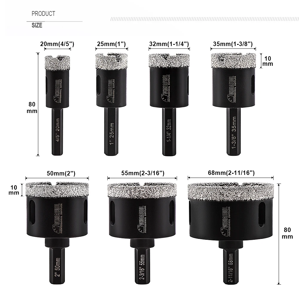 SHDIATOOL 1pc Diamond Vacuum Brazed Drilling Core Bits Dry Hexagon Shank Hole Saw Porcelain Tiles Crowns Granite Marble Tools