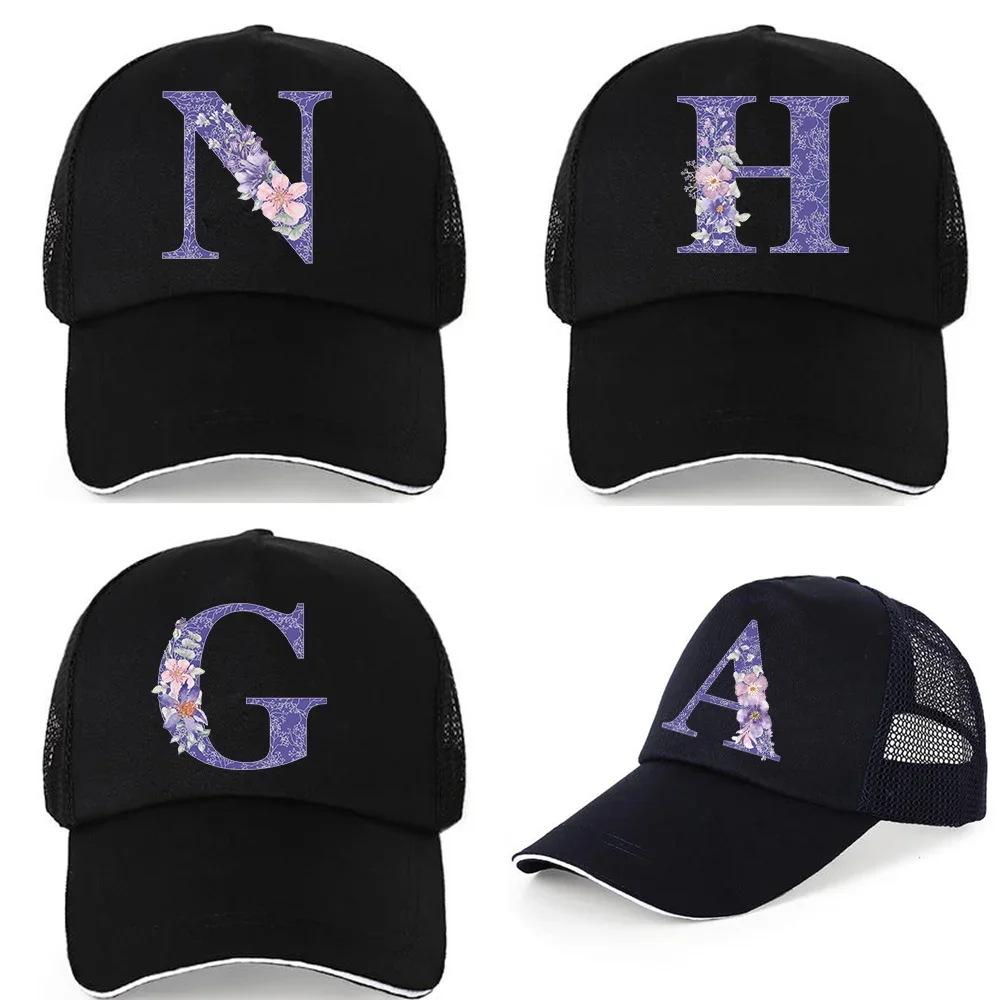 Unisex Pure Cotton Mesh Baseball Caps Summer UV-proof Visors Hats Casual Adjustable Back Buckle Hat Purple Flower Print Dad Cap