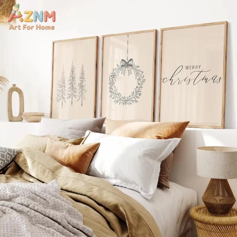 3PCS Neutral Christmas Canvas Wall Art Sketch Pine Tree Wreath Merry Christmas Farmhouse Wall Prints Living Room Decor Poster Gi