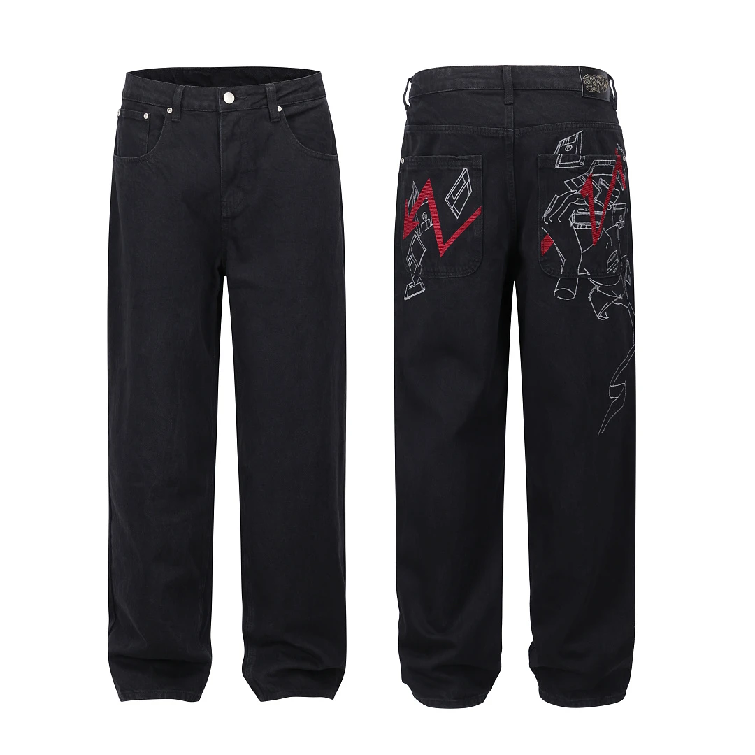 Vintage Black Denim Trousers Back Pocket Red White Embroidery Pattern Loose Straight Unisex Street Hip Hop Casual Pants