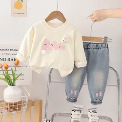 Spring Autumn Baby Girls Clothing Sets Children Long-sleeve T-shirt Jeans 2 Pieces Suit Cartoon Rabbit Infant Casual Sportswear