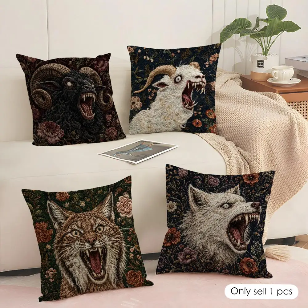 Retro Goats and Floral Cushion Cover Soft Short Plush Pillow Cover Smooth Cozy Texture Aesthetic Cushion Case Home Decor