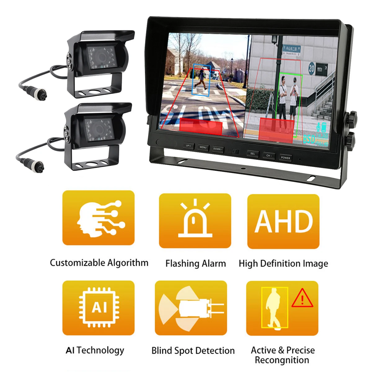 AI Monitor System 10.1 Inch  2 Channels BSD Pedestrian Detection Camera System with External Buzzer  for Truck Bus