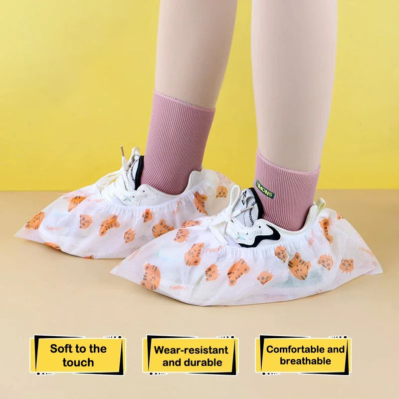 ถุงคลุมรองเท้าแบบใช้แล้วทิ้งลายการ์ตูนหนา 50 ชิ้น, ถุงคลุมรองเท้ากันลื่นสำหรับใช้ในบ้าน, ถุงคลุมรองเท้าระบายอากาศได้