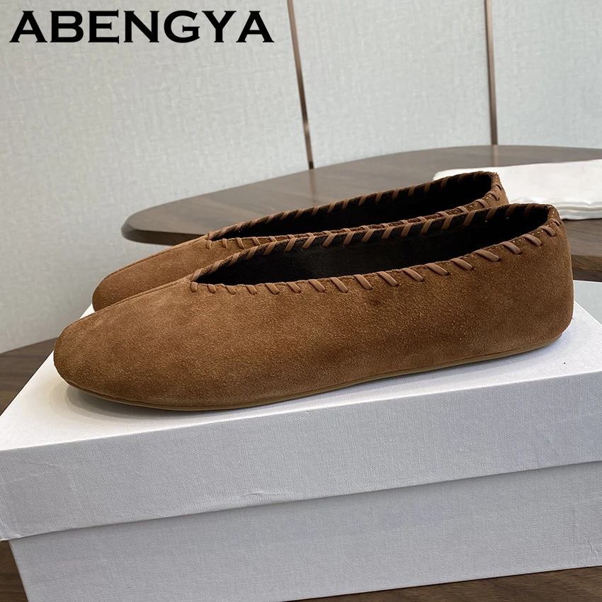 

2025 Summer Round Toe Flat Loafers Shoes Women Suede Leather Weave Slip On Ballet Flat Shoes Casual Walking Single Shoes Mujer