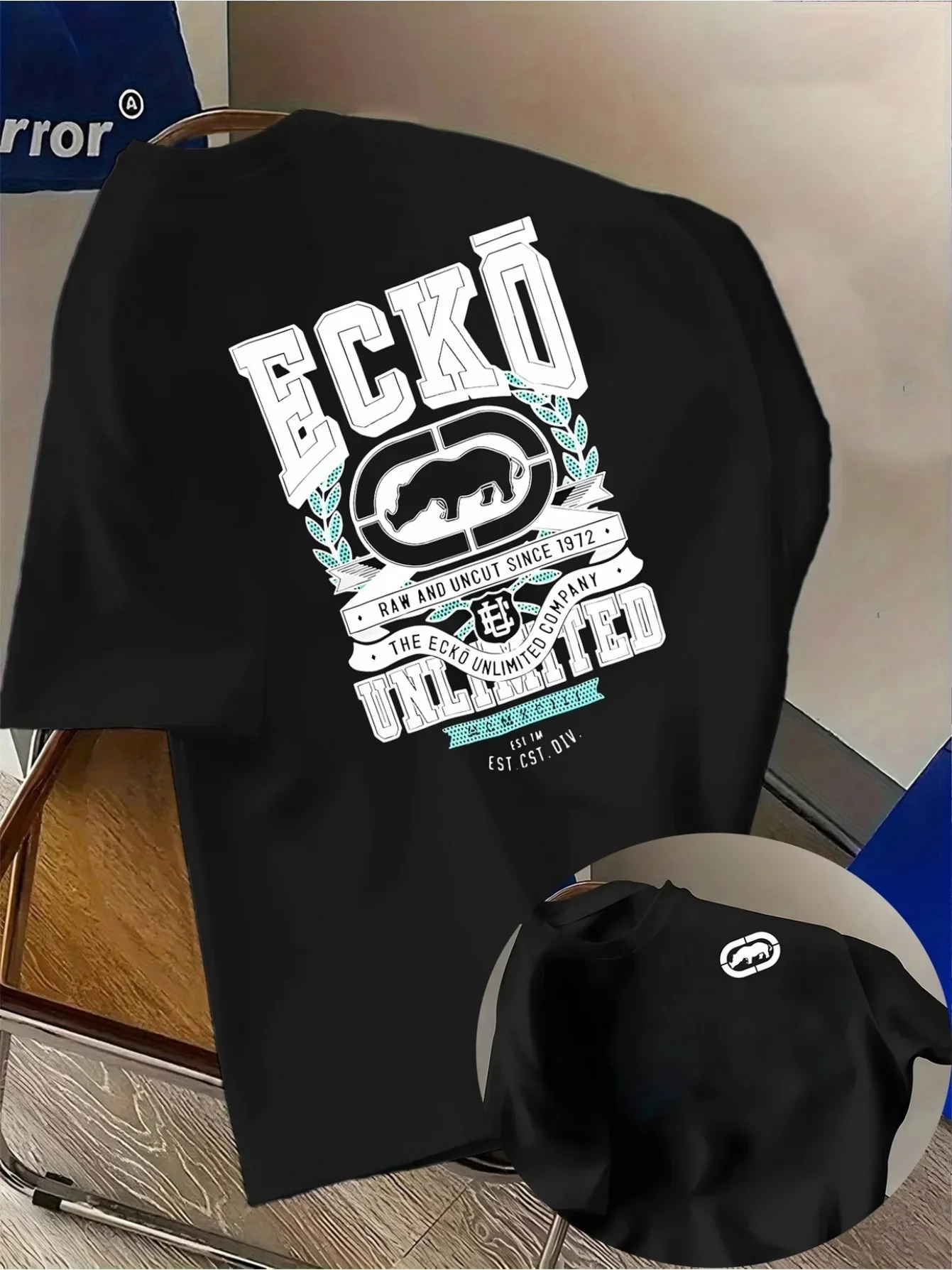 Men Ecko Laurel Rhino Front Back Print T-Shirt Korea US Hot Vintage Varsity Crew Neck Hip Hop Oversized Cotton Tee