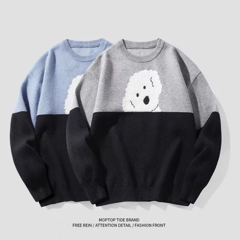 Sweater Pria Kartun Leher Bulat Motif Anak Anjing Pasangan Longgar Trendi Merek Warna Kontras