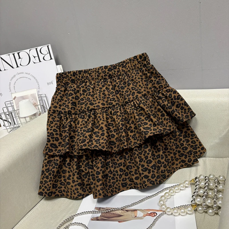 Y2K Leopard Print Mini Skirt Women Harajuku Ruffles Corduroy Ball Gown Skirts Fall Winter Gyaru Streetwear Grunge Design Faldas