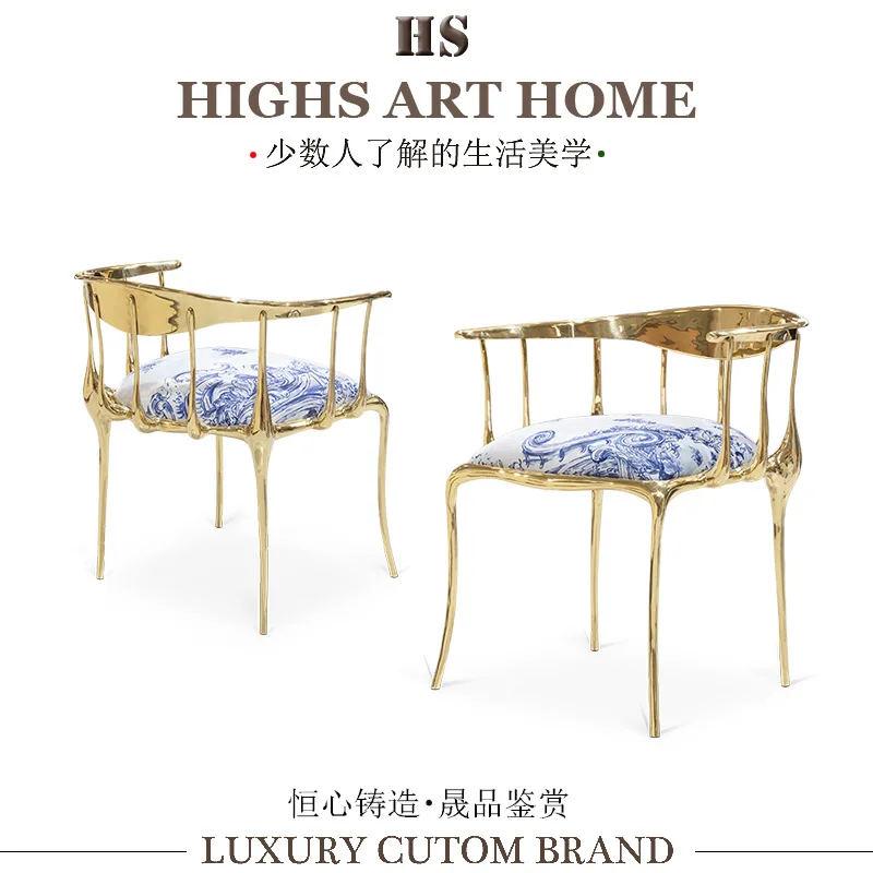 

Modern light luxury luxury mansion pure copper dining chair designer model house villa living room backrest armrest chair dining
