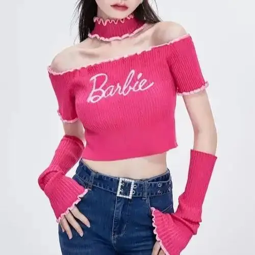 

Halter One-Shoulder Sweater With Sleeves Summer Pink Sweet Tops Off Shoulder Tops Female Korean Fashion Hang Neck Sexy Tops