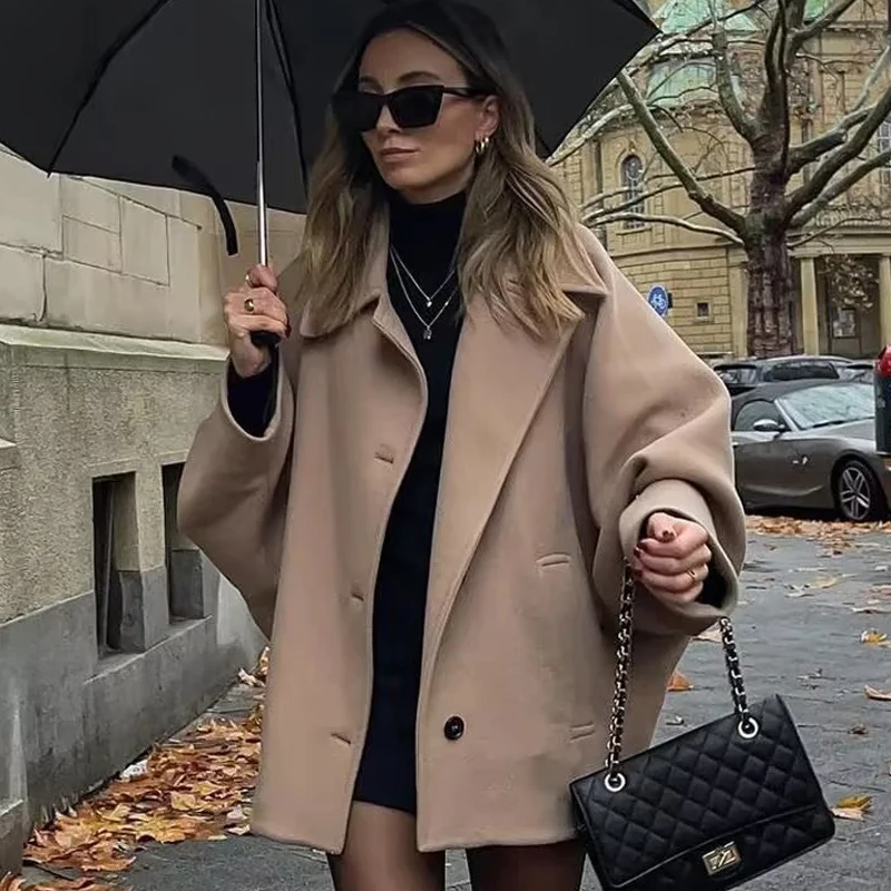 TRAF Woman Winter Coats Faux Wool Coats And Subxtures Oversized Long Coat Women Autumn Long Sleeve Solid Coats Casual Warm Parkas