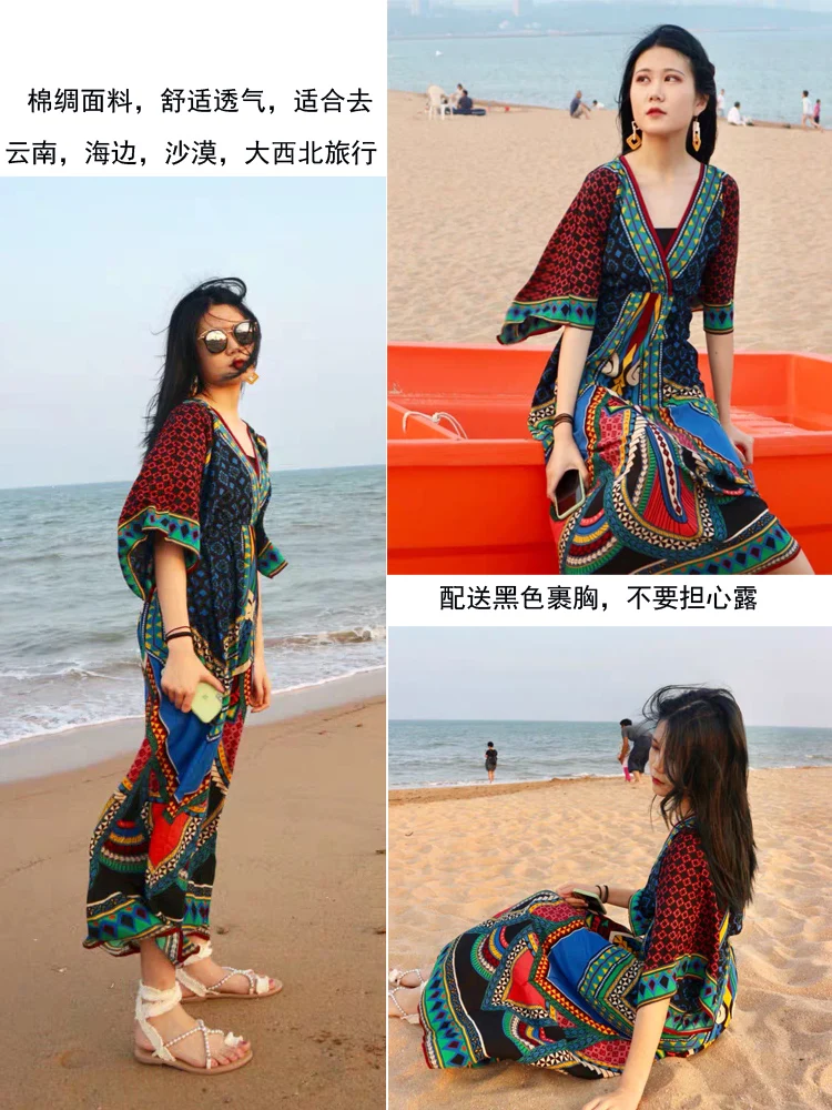 Bohemian Dress for Seaside Vacation Lijiang Yunnan Sanya Travel Wear Ethnic Style Women's Clothing