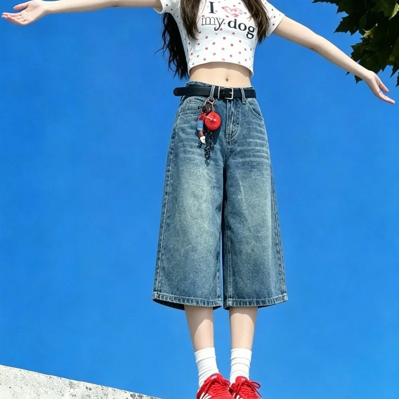 American High Street Vintage Women Light Blue Cropped Capri Jeans Thin Loose Straight High Waist Y2K Summer Street Outfit