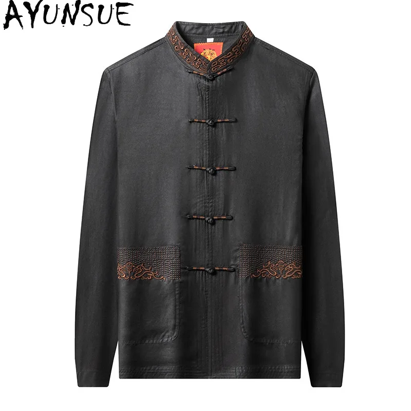 

AYUNSUE High-end 100% Real Mulberry Silk Shirts for Men Summer High Quality Xiangyunsha Black Shirt Man Luxury 2026 Tang Suit