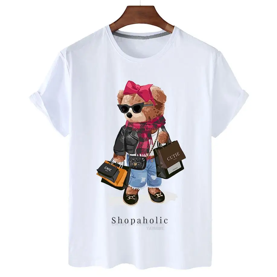 Women Shopaholic Teddy Bear Print Tshirt  Casual Summer Comfortable Character Creative Short Sleeve Fashion Ladie Tops