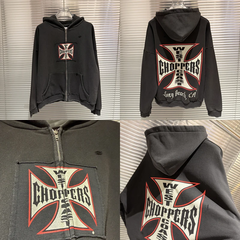 Retro West Coast Choppers Sweatshirts Winter Keep Warm Embroidered Patch Crack Print Heavy Fabric Do Old Shabby Design Hoodie