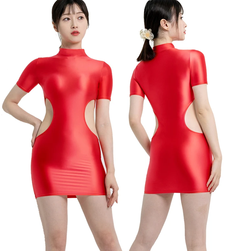 satin glossy high neck Short sleeved skirt one step skirt elastic tight fitting skirt Oil sexy hollow out waist dress