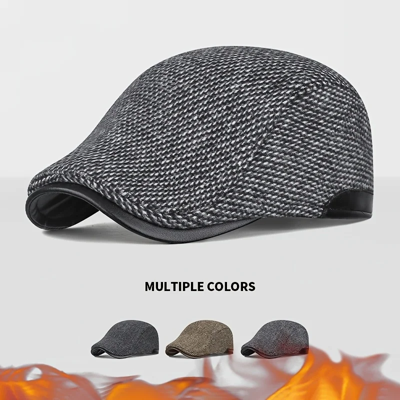 1pc Men's Autumn Winter Fleece-lined Newsboy Cap, Casual Fashion Detective Hat/Painter Hat, Adjustable Tweed Beret