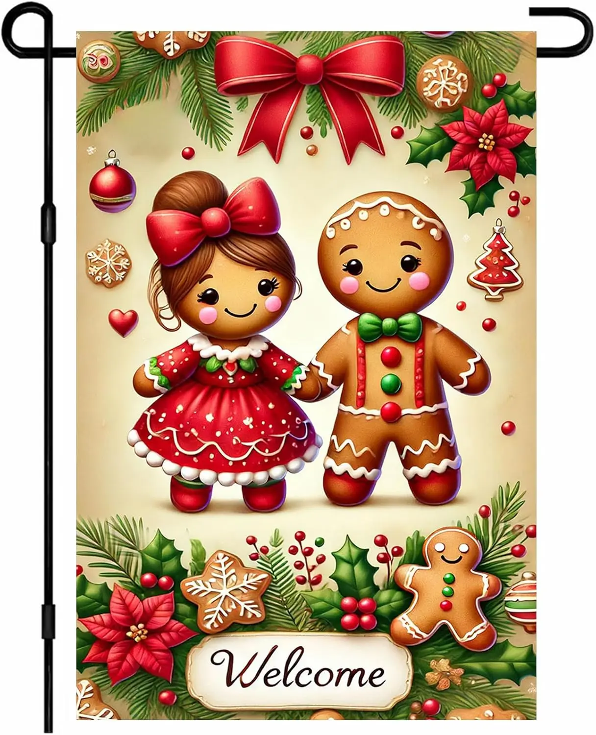 IVN Christmas Winter Garden Flag Gingerbread Couple 12x18 Inch Double Sided Holly Berries Decorative Yard Outdoor Seasonal R hhz