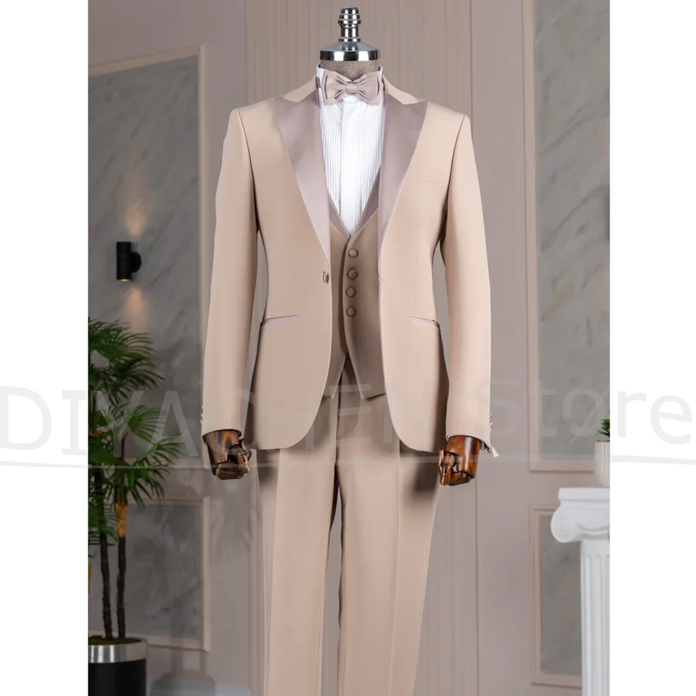 

Men Suits Chic Satin Peak Lapel One Button Male Clothing Fashion Elegant Banquet Party Groom Wedding Tuxedo 3 Piece Sets