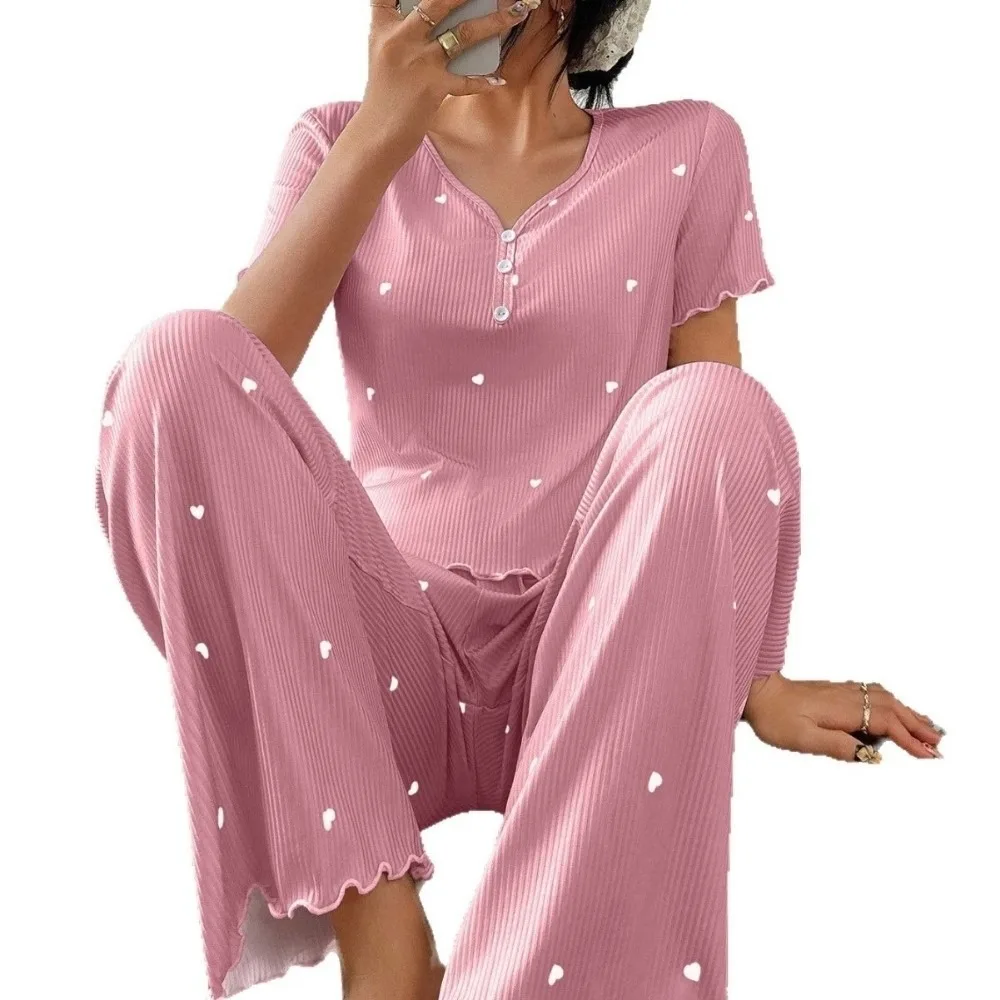 

Comfortable Short Sleeve Pajamas Set Striped Long Pants Loungewear Set Ruffle V-neck Nightwear Sets Casual