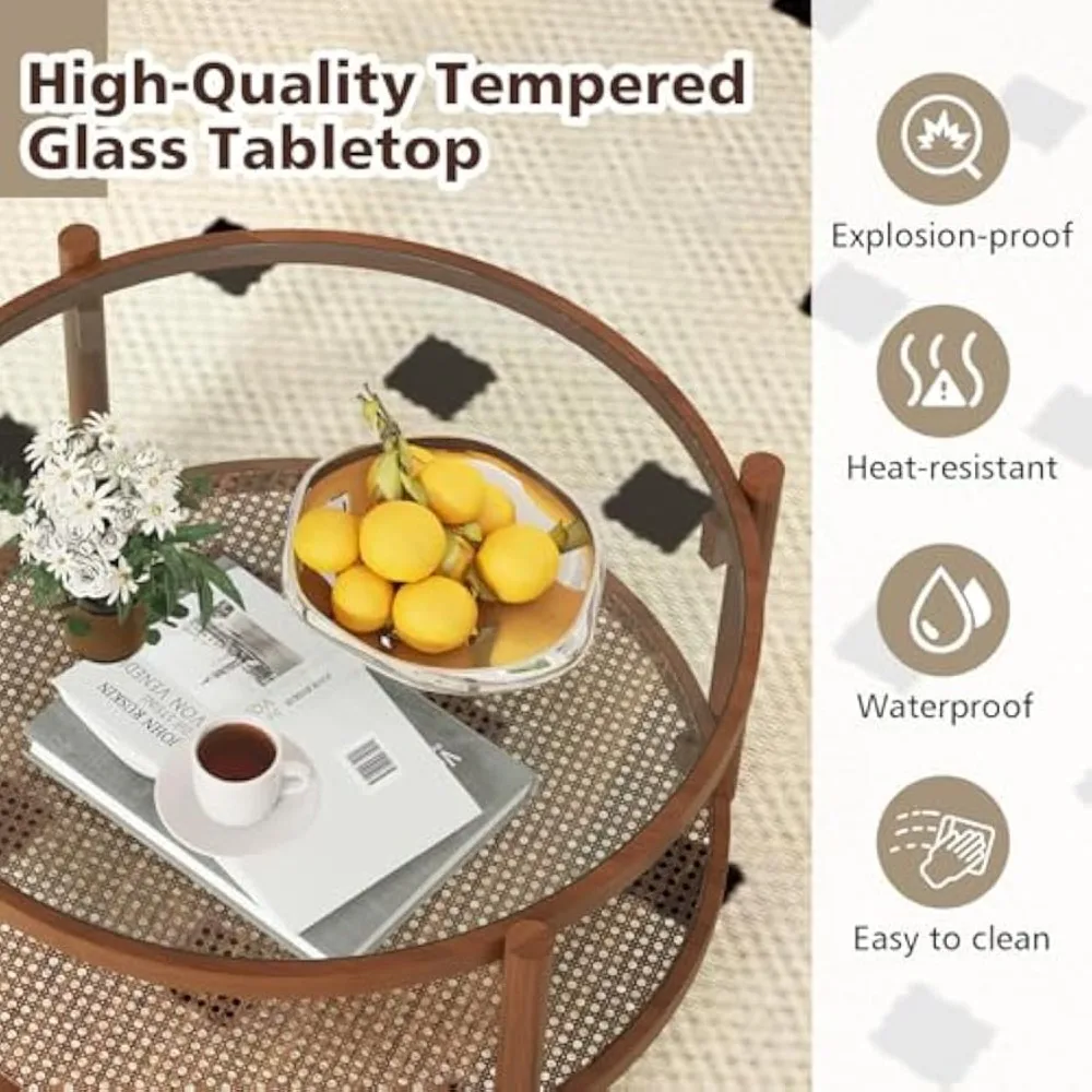 Mesa de centro de ratán estilo Boho con estructura de madera maciza, tapa de vidrio templado y estante de almacenamiento de ratán PE