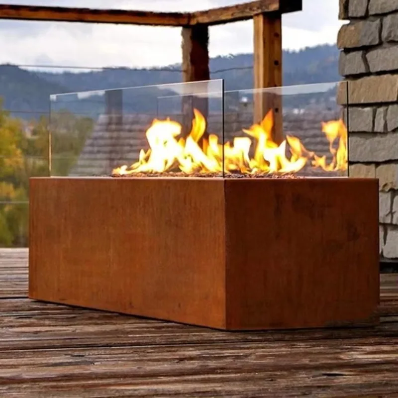 Outdoor metal fire pit rectangular natural gas propane fireplace