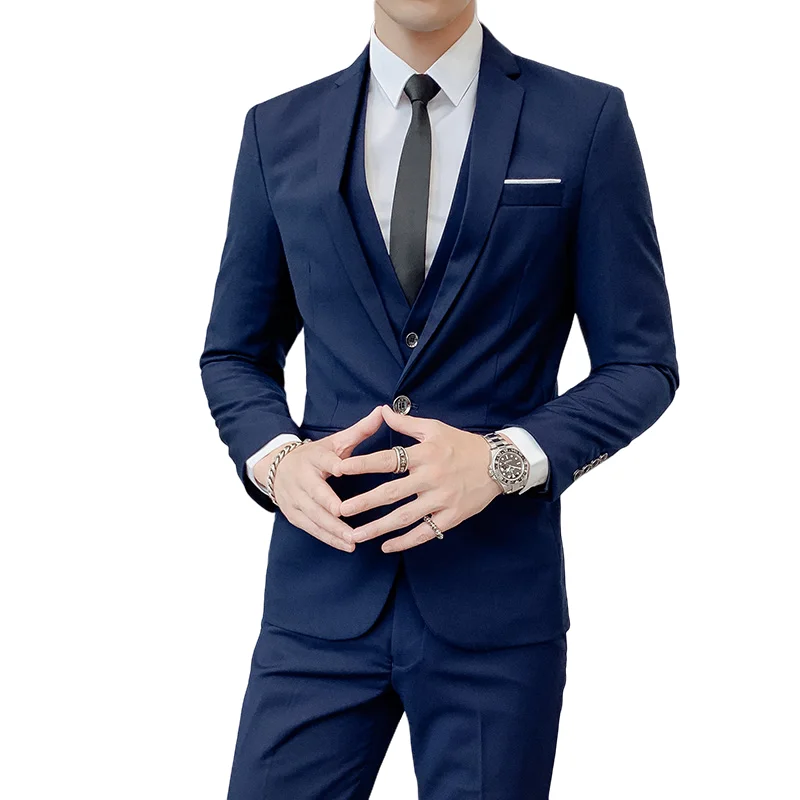 Business Suit (Blazer+ Vest + Pants) Men\'s Gentleman Fashion Slim Work Solid Color Plus Size Fair Dress Wedding Best Man Suit