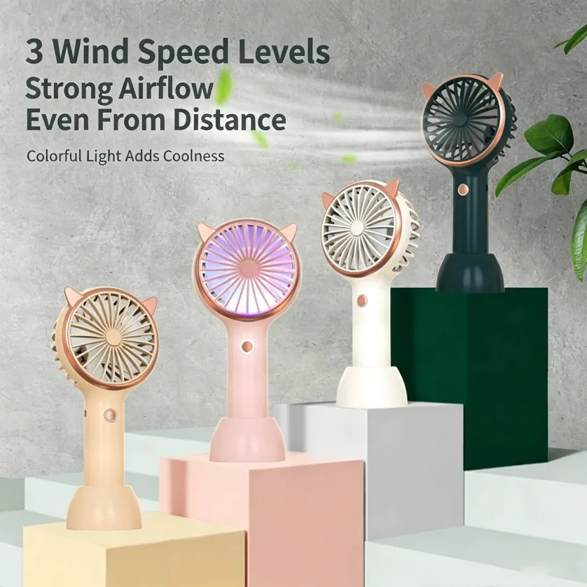 Cat Ear Fan Mini Handheld LED Light 3 Speed USB Rechargeable Portable Quiet Desk Fan With Base for Travel Concert Gift view 6