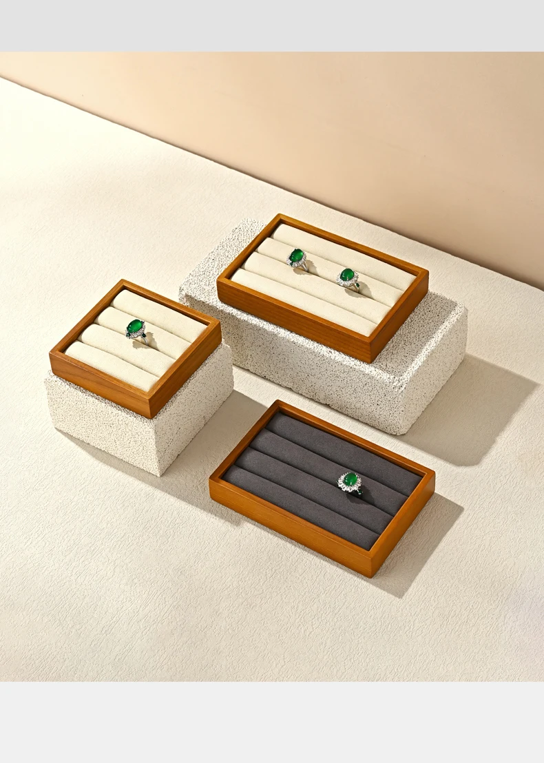 Oirlv Holzring-Präsentationsplatte Schmuckständer Grau Beige Ringhalter Schmuck-Aufbewahrungsorganizer Fotografie-Requisiten – Detail 10