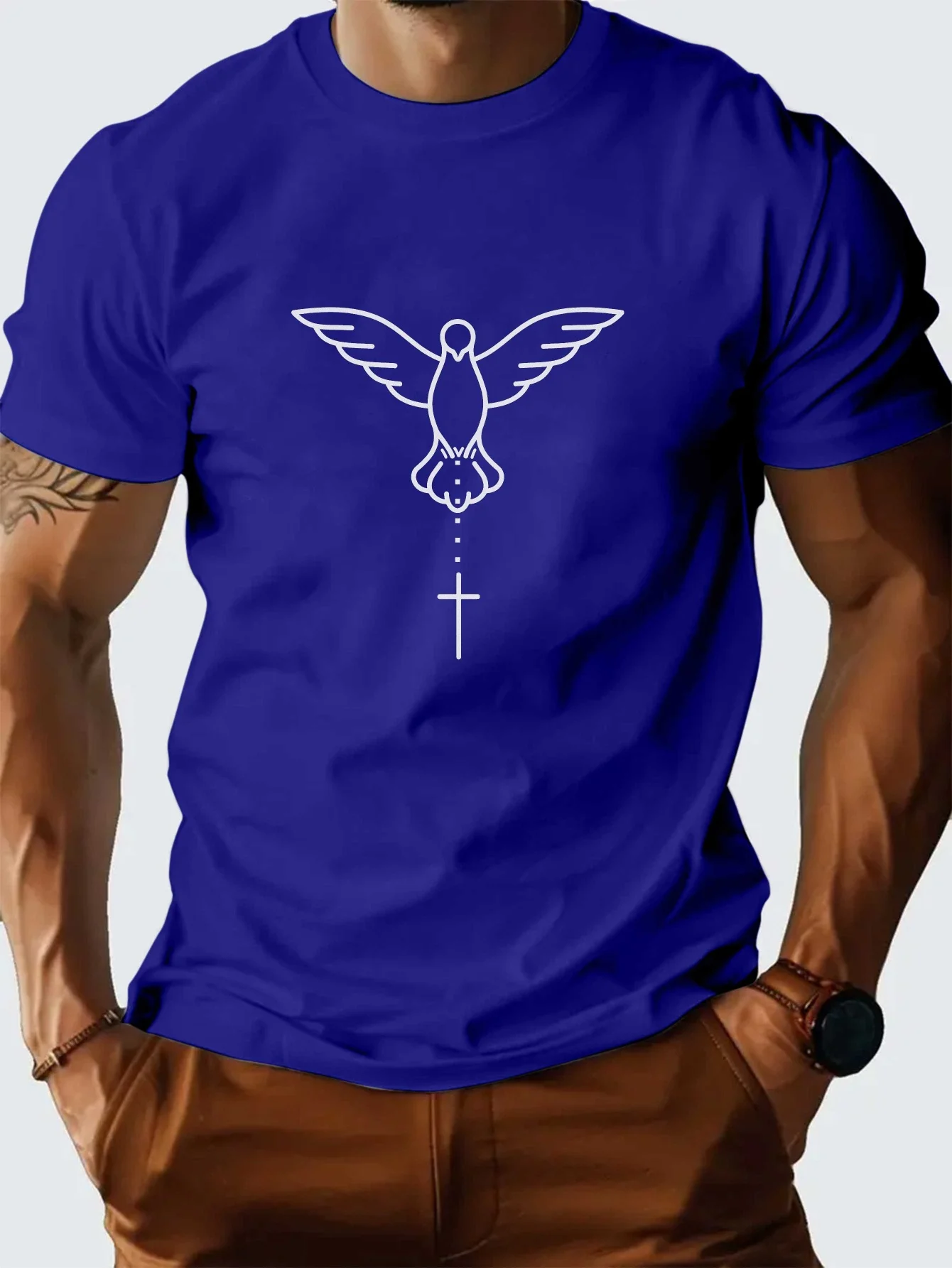 Holy Spirit Dove Cross Graphic Tee Men's Casual Cotton Breathable Short Sleeve T-Shirt