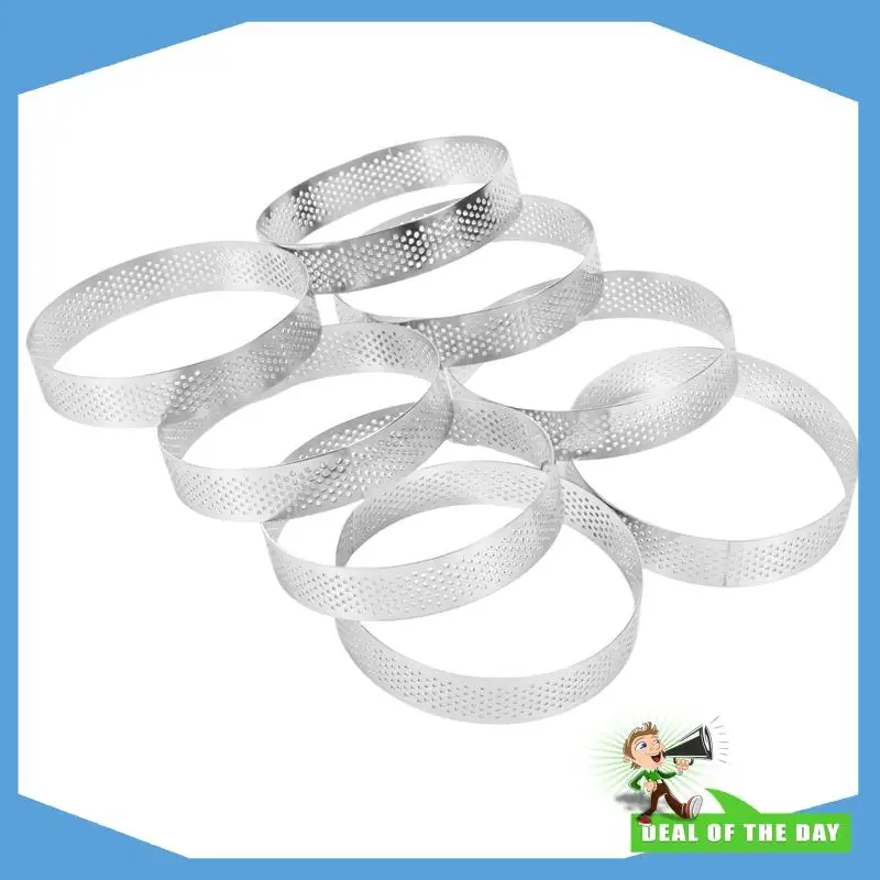 

24-Hour Delivery 8Pcs Stainless Steel Tart Ring, Heat-Resistant Perforated Cake Mousse Ring Round Double Rolled Tart Ring Metal