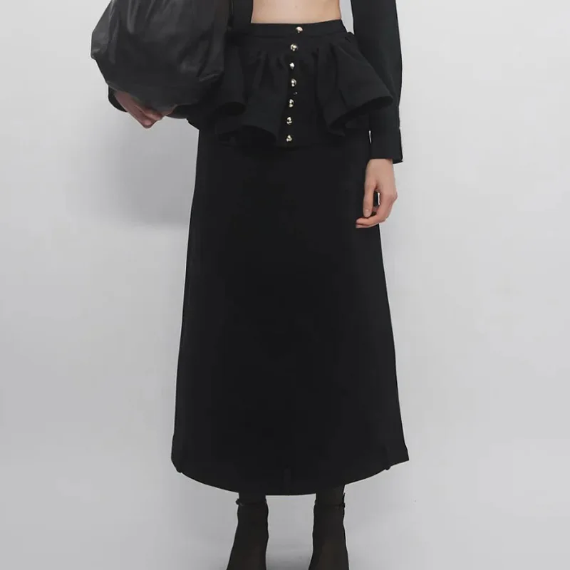HKSH 2026 Spring Summer New Women Skirt Pleated Buttoned Patchwork A-line High-End Versatile Elegant Sweet Casual Skirts HK17814