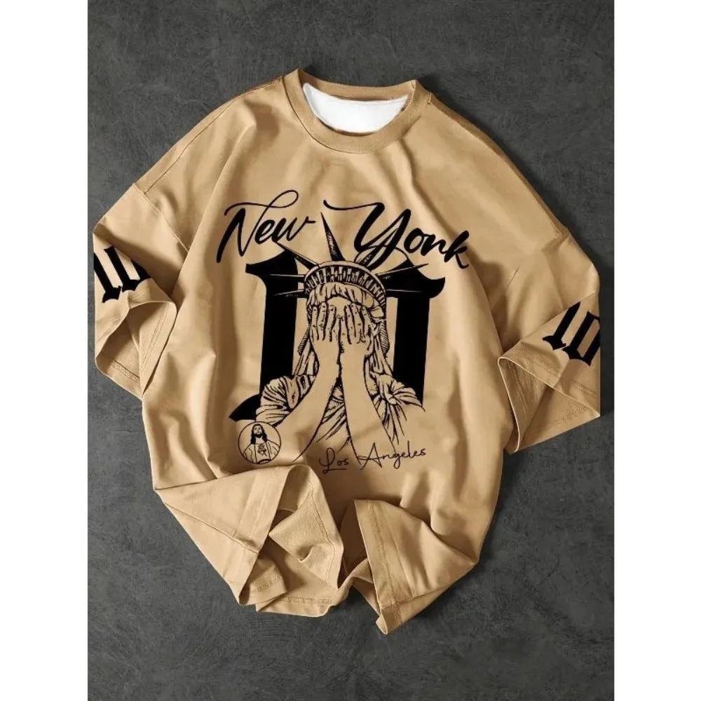 تي شيرت صيفي عصري للرجال للتدريب على تمثال الحرية مطبوع عليه حروف ناعمة وقابلة للتنفس برقبة دائرية تي شيرت رياضي حضري خارجي