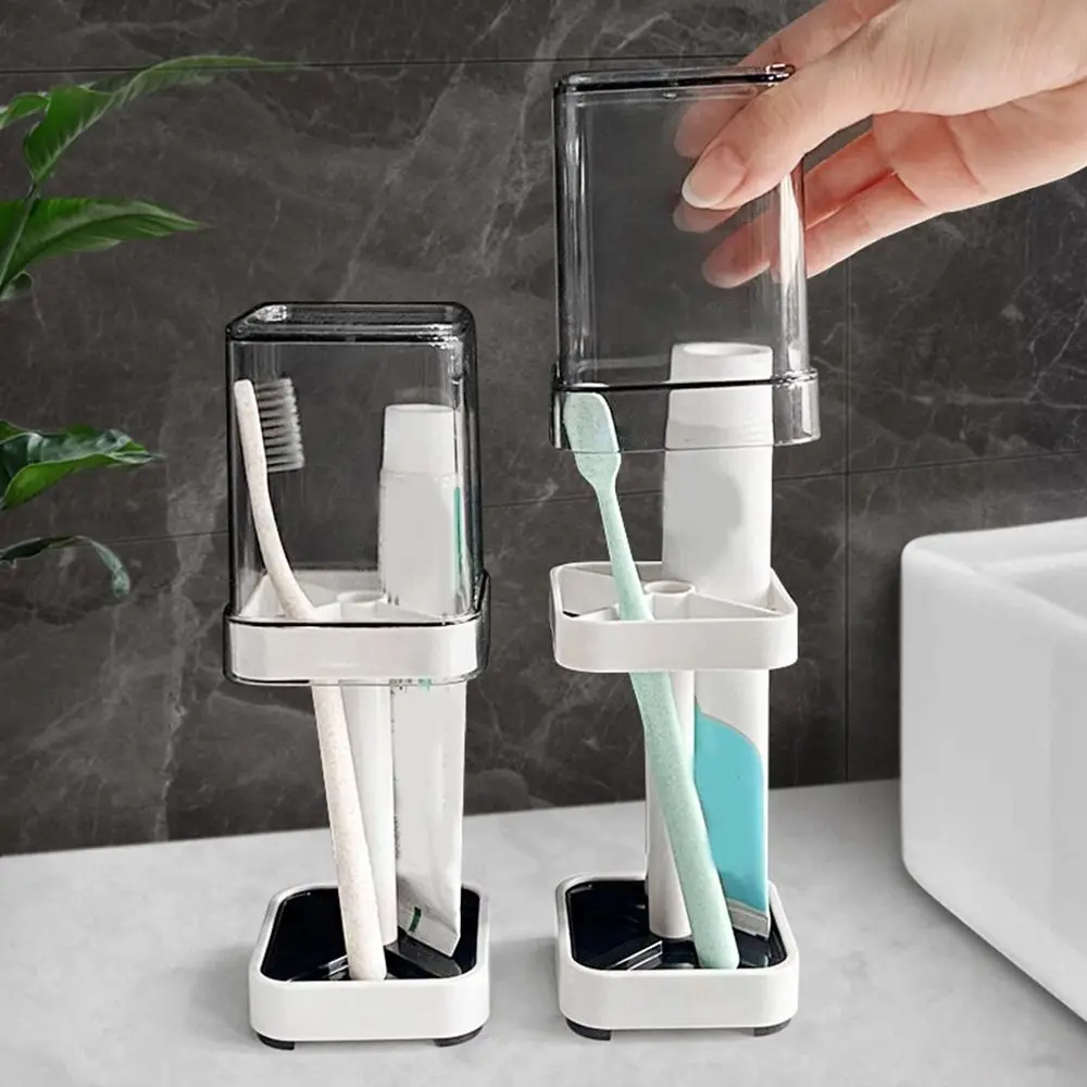 Plastic Toothbrush Holder with Cup Drainage Dustproof 3 Slots Toothbrush Holder Save Space Toothpaste Countertop Organizer