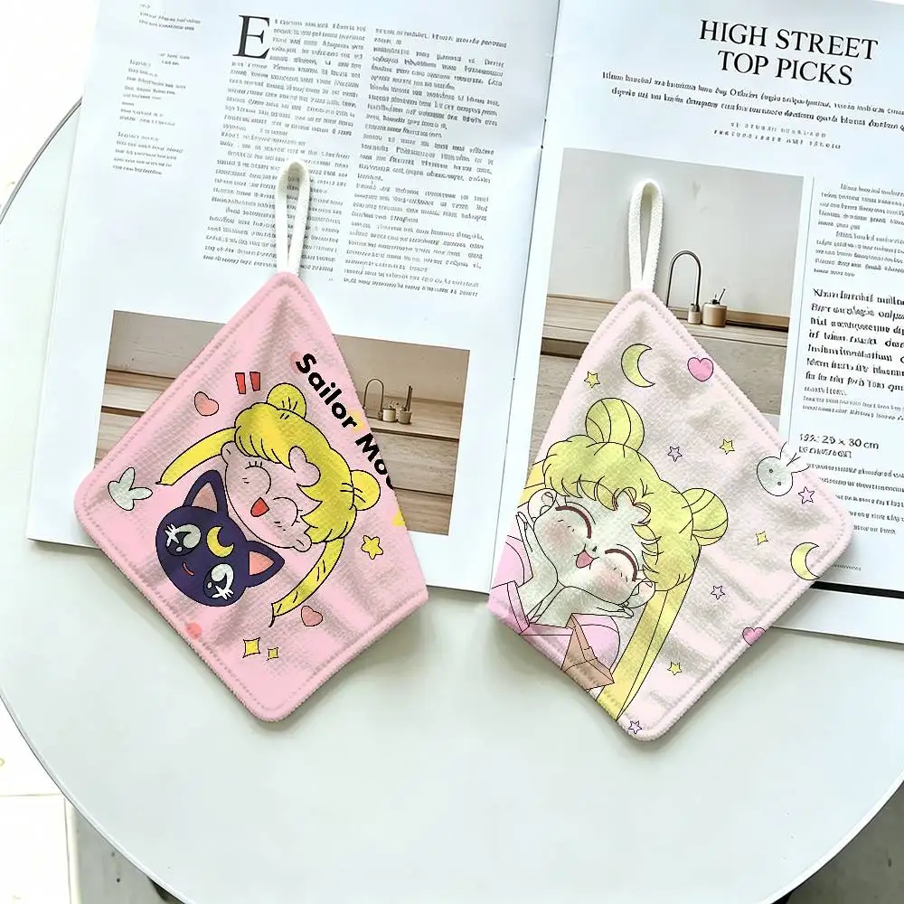 Cute S-Sailor M-MoonS Thickened Polyester Cotton Hanging Towel, High Absorbent Hand Wiping Towel for Indoor Use