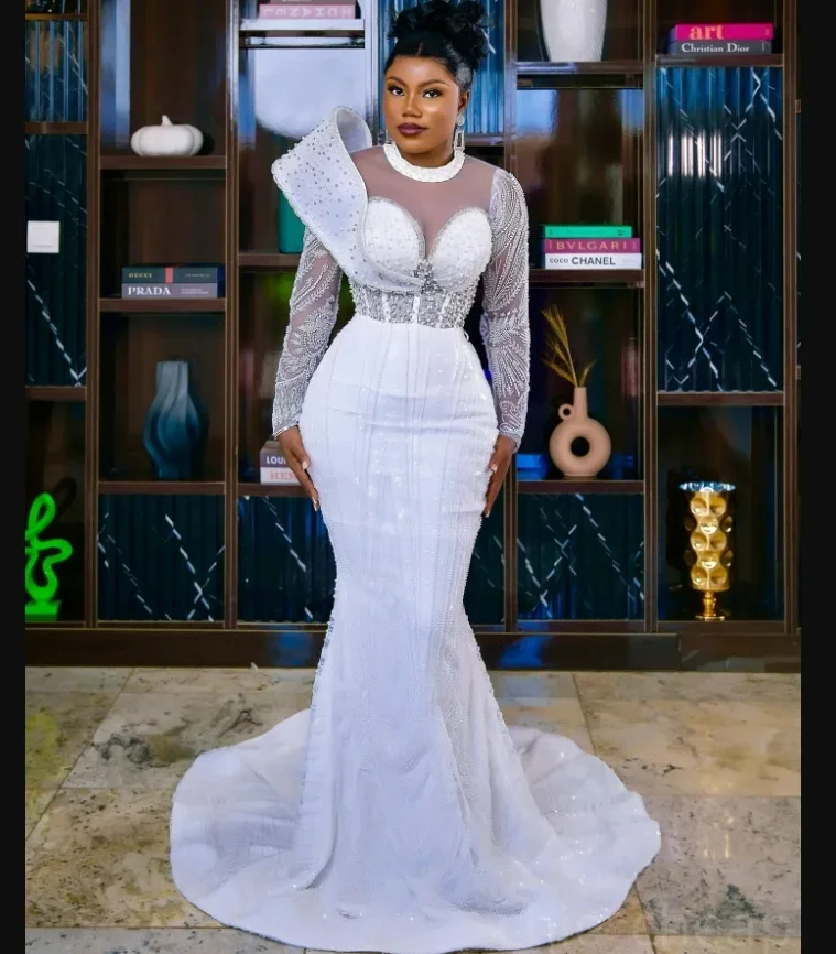 Customized  See Through Shinny Pearls Beads  Wedding Dress with Removable Skirt  Robe De Mariée Long Sleeves Arabic Bridal Gown