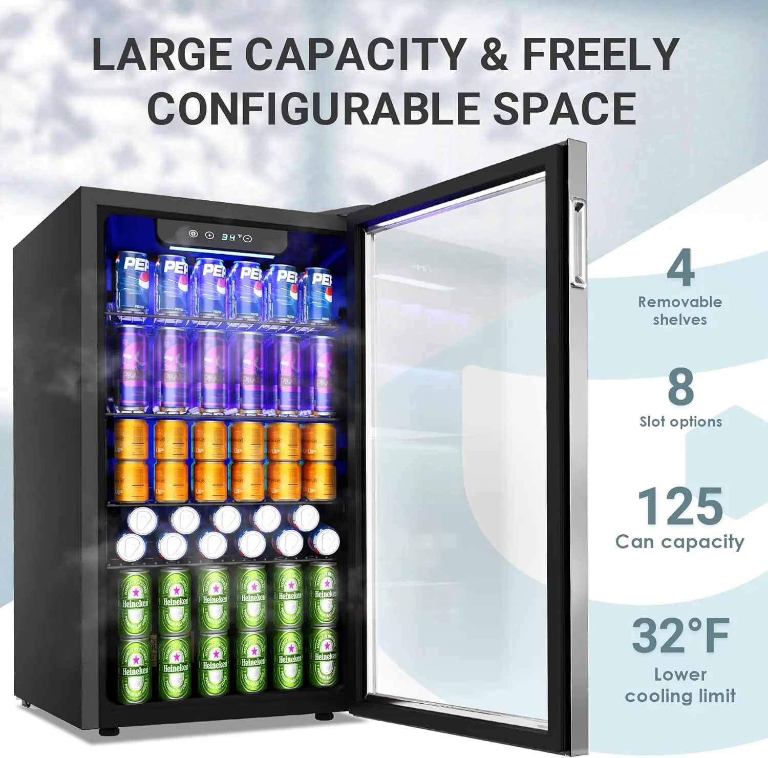 Refrigerator and Cooler, 126 Can Mini fridge with Glass Door, Small Refrigerator with Adjustable Shelves for Sod