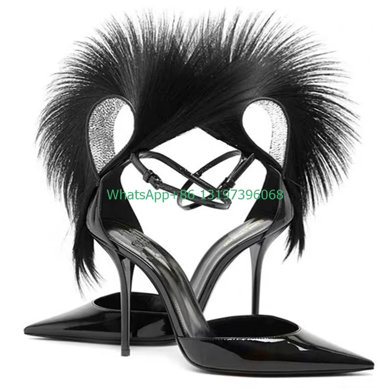 

Lady fur deesign cover heel sexy high heels pointed toe stiletto heel banquet dress pumps feather fur party T show high heels 40