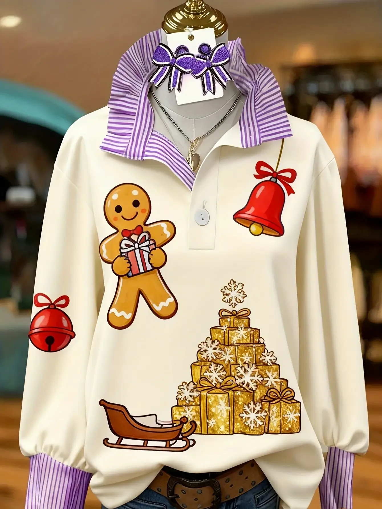 Women's striped retro fashion shirt with multi-color striped collar and half button shirt pattern, Cool golden hexagonal pattern