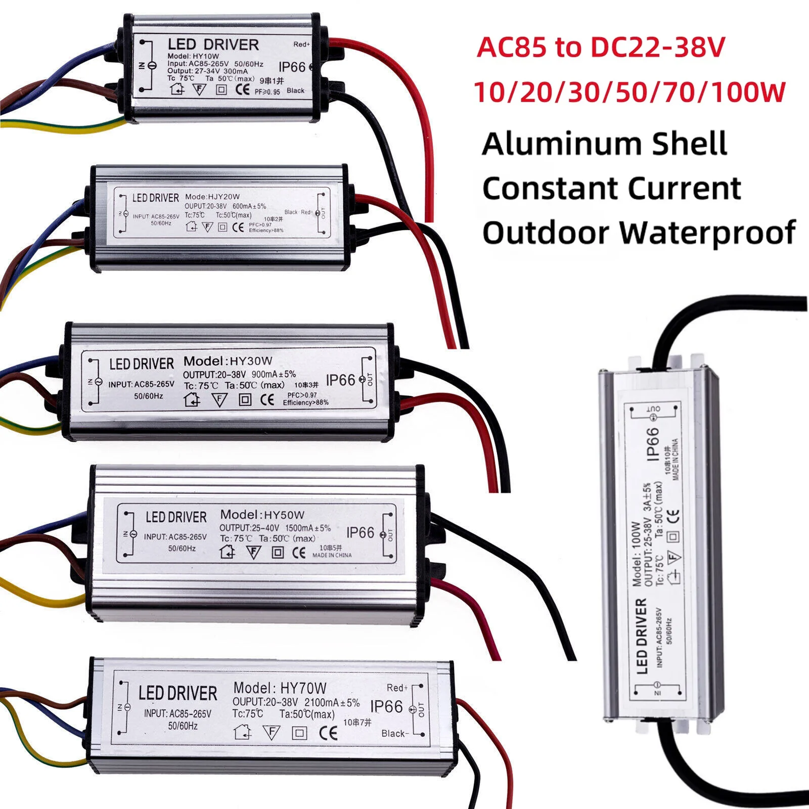 Led Driver Power Supply 10w 20w 30w 50w 70w 100w 300ma 3000ma Adapter Transformer Ac85-265v 220v Dc20v Dc38v Waterproof Constant