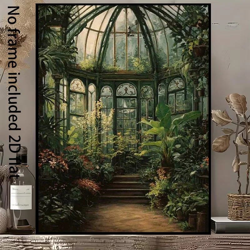 2D Flat, 2D Flat, A Decorative Canvas Painting in Vintage Style Featuring a Greenhouse Garden, Designed with a Dome of Arched