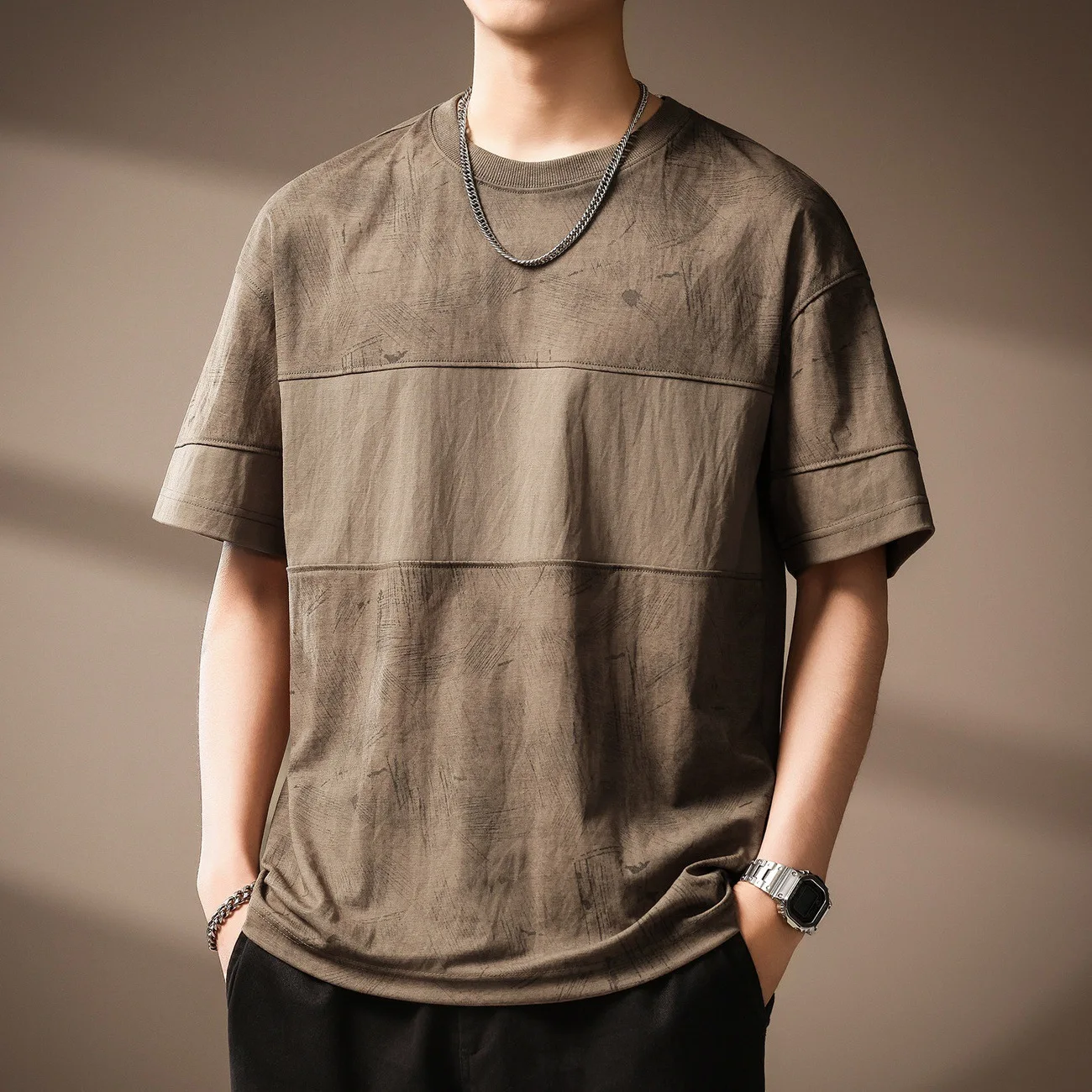 Summer American Style New Fashion Men Color-coded Spliced O-neck Short Sleeve Simple Basic Casual Daily Loose Fit T-shirts Tees