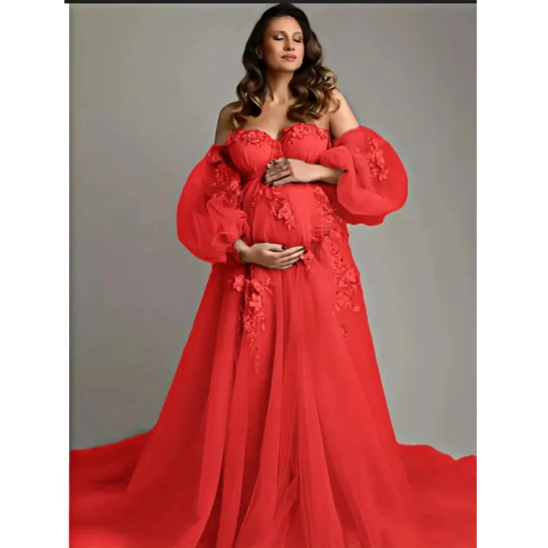 ثوب صور الأمومة الوردي المطلي يدويًا - فستان من التول الشفاف بدون أكتاف مزين بالتطريز - رداء تصوير الحمل لحفلات استقبال المولود الجديد