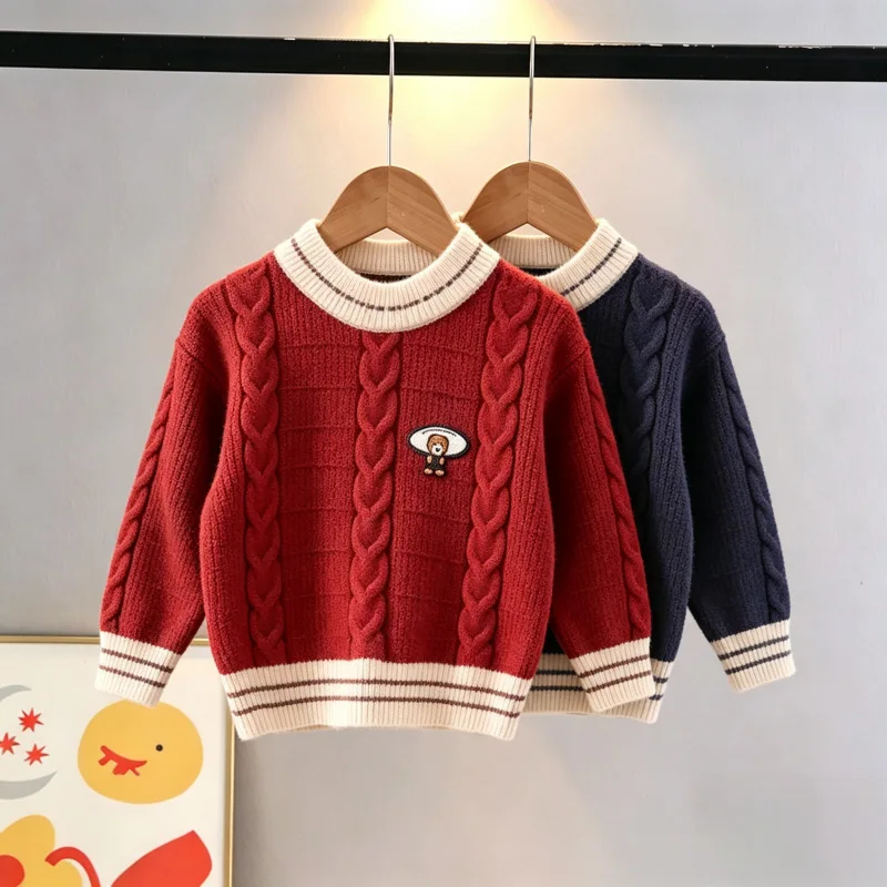 Newest Cozy Cable-knit Sweaters for Kids Boy Classic Crew Neck Student Tops Funny Small Bear-shaped Patch Boys Clothing JY10071