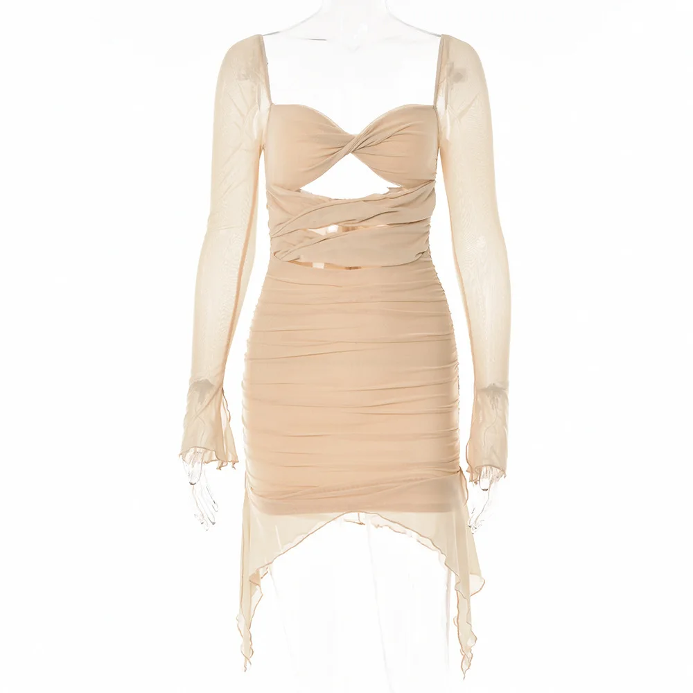 Abito corto a maniche lunghe trasparente elegante alla moda per ragazza calda sexy aderente primaverile per le donne